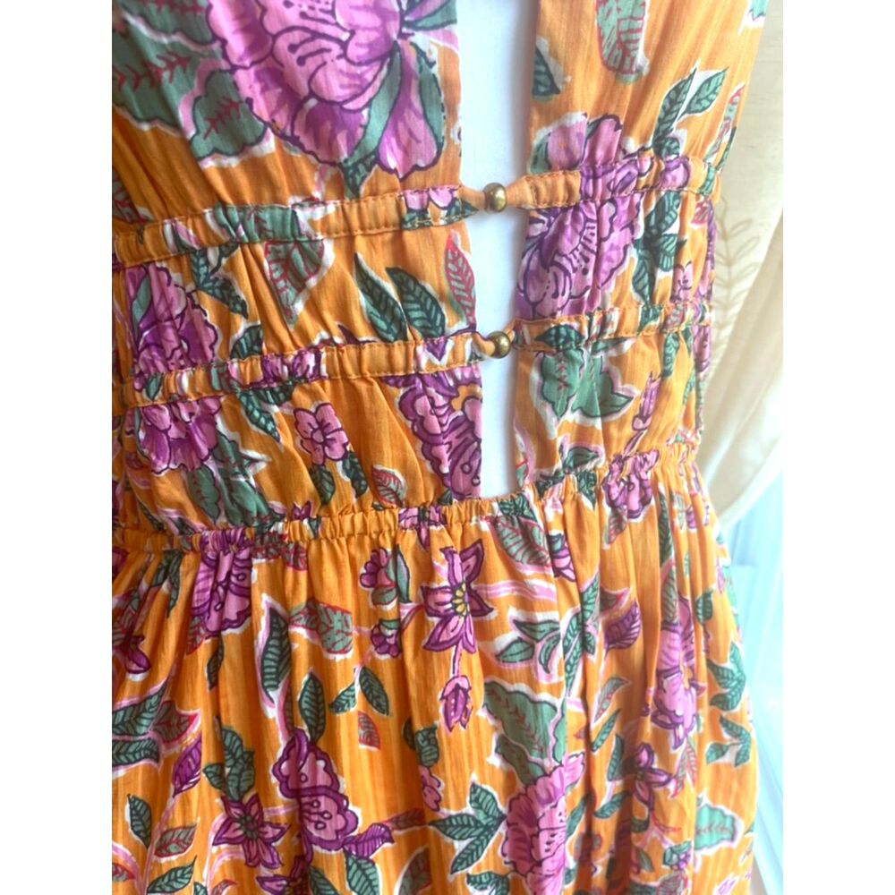 Boho Floral Smocked Cutout Maxi Dress V Neck Euro Summer Resort Quiet Luxury L - Picture 10 of 13